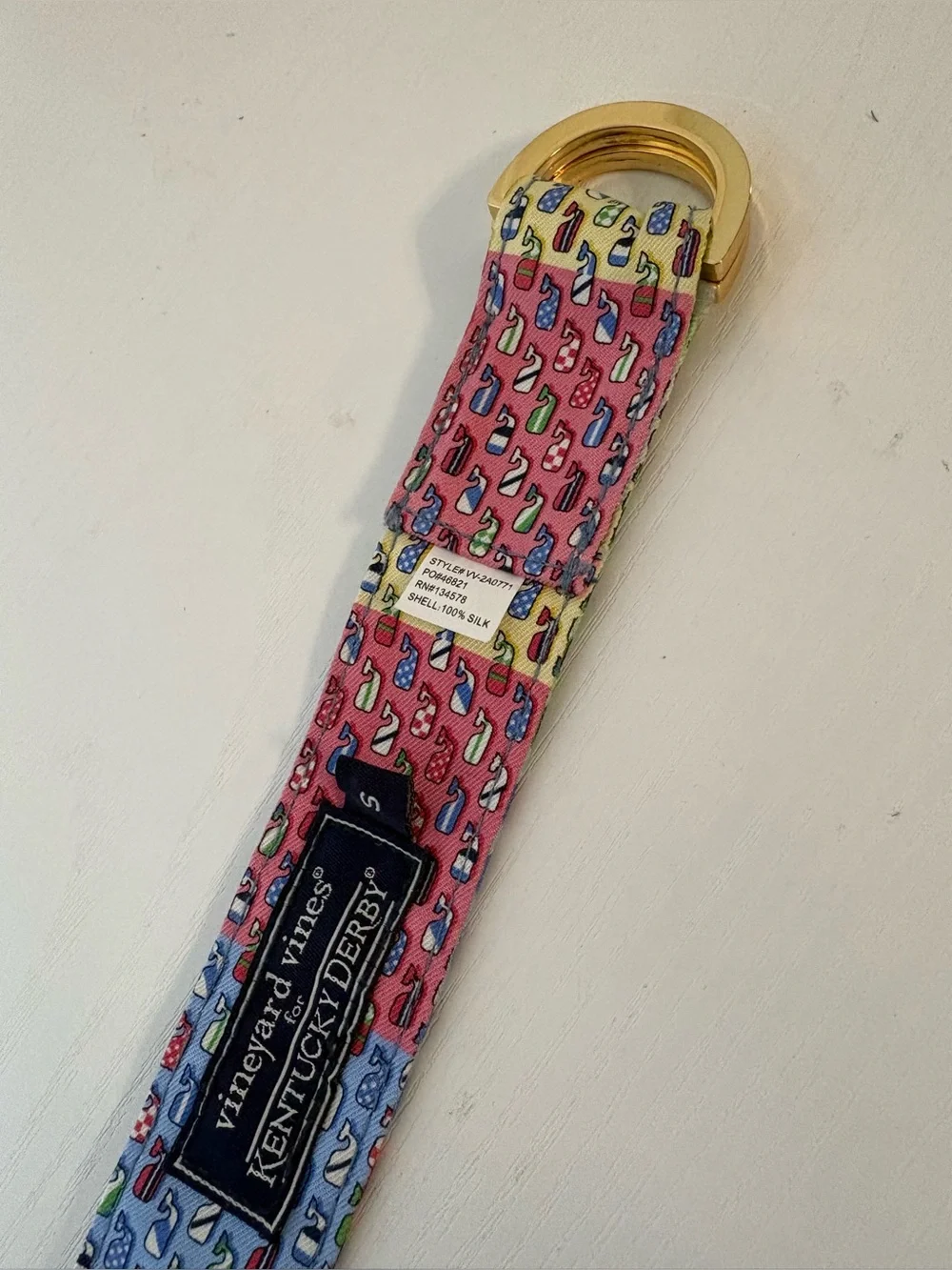 Vineyard Vines Kentucky Derby Multicolor Whale Pattern Silk Belt S Gold D Ring